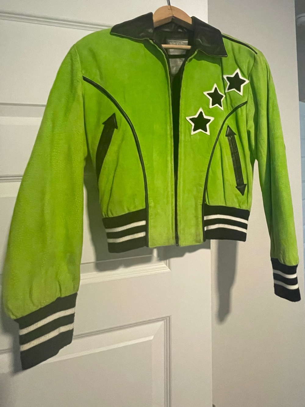 North Beach Leather Neon Green Suede Bomber Jacket with Black Trim